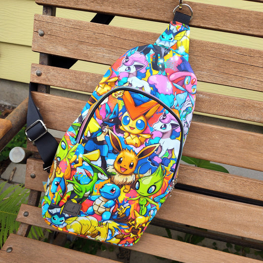 Bright Stacked Pocket Monsters Sling Backpack
